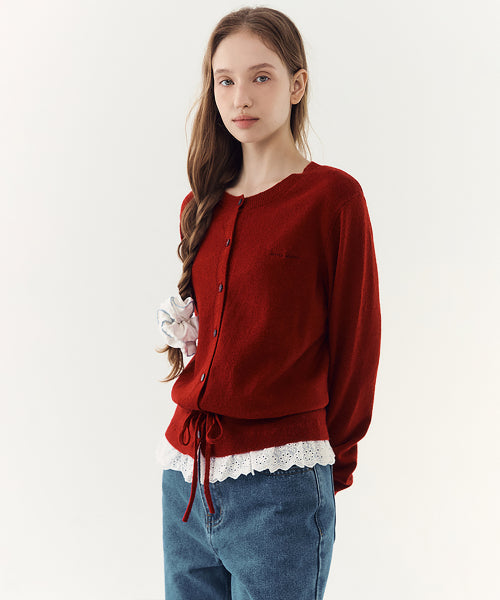 LACE LAYERED SHIRRING CARDIGAN #SEULGI同款! RED