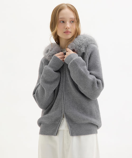 FAUX FUR HOOD KNIT ZIP-UP #SEULGI同款! MELANGE GREY