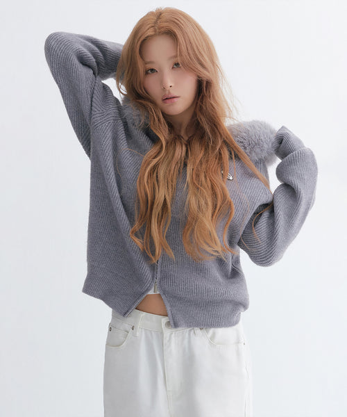 FAUX FUR HOOD KNIT ZIP-UP #SEULGI同款! MELANGE GREY