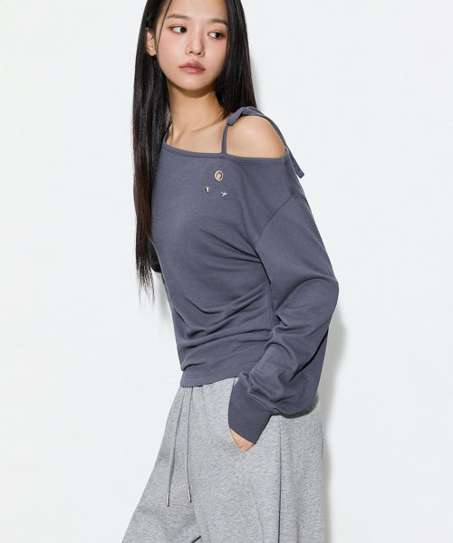 EYELET ONE SHOULDER TEE - 2 COLORS CHARCOAL