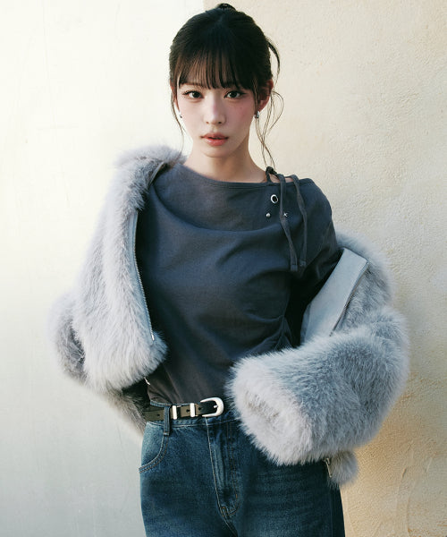 EYELET ONE SHOULDER TEE - 2 COLORS CHARCOAL