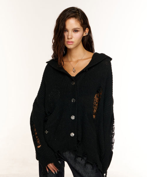 GRUNGE HOOD CARDIGAN - 3 COLORS BLACK