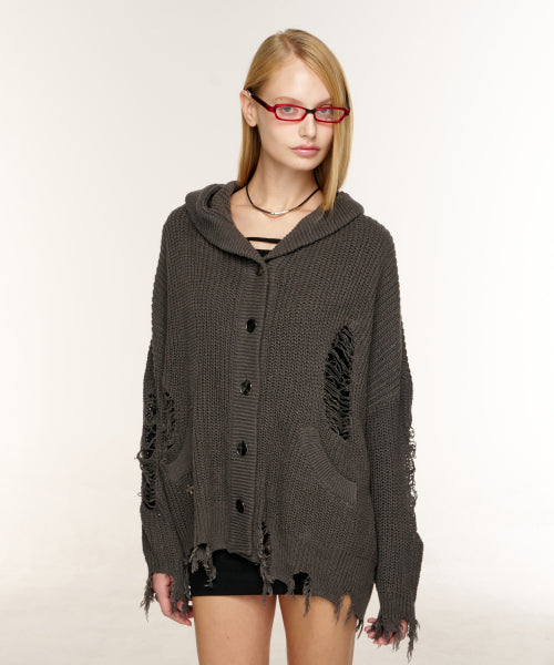 GRUNGE HOOD CARDIGAN - 3 COLORS CHARCOAL