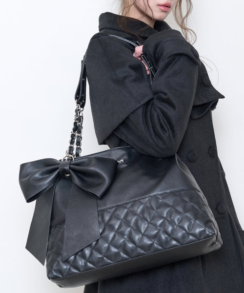 RIBBON QUILTED SHOULDER BAG - 2 COLORS BLACK