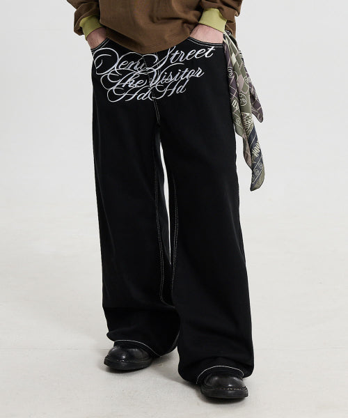 LETTERING MIX EMBROIDERY TWILL COTTON PANTS - 2 COLORS BLACK