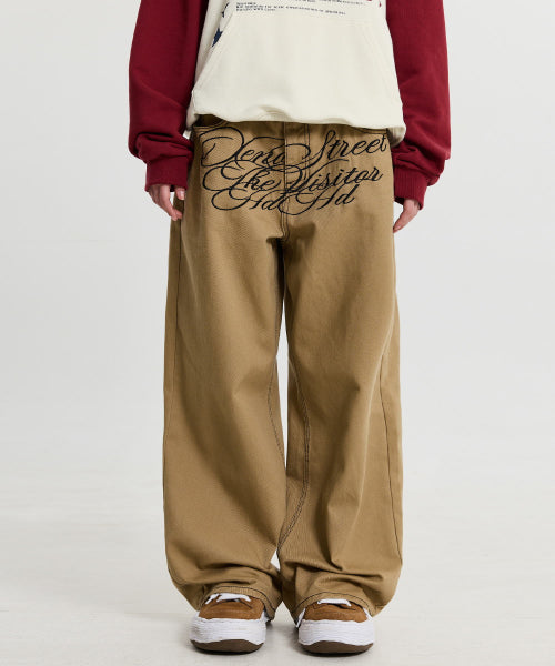 LETTERING MIX EMBROIDERY TWILL COTTON PANTS - 2 COLORS BEIGE