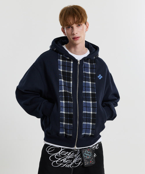 CHECK COLOR BLOCK LINE HOOD ZIP UP - 2 COLORS NAVY