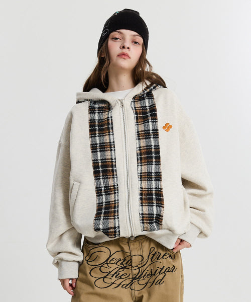 CHECK COLOR BLOCK LINE HOOD ZIP UP - 2 COLORS OATMEAL