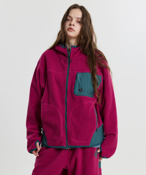 FLEECE COLOR BLOCK HOODED JACKET - 3 COLORS PURPLE