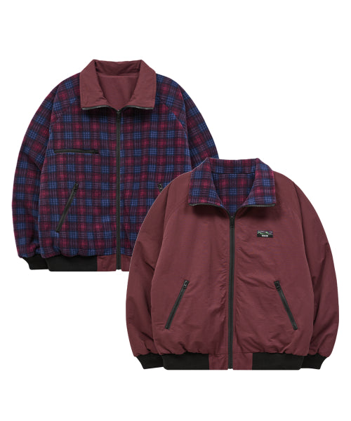 REVERSIBLE CHECK FLEECE WARM UP JACKET - 2 COLORS BURGUNDY