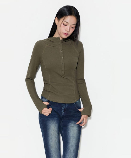 BUTTON UP HOODED TEE - 2 COLORS GREY