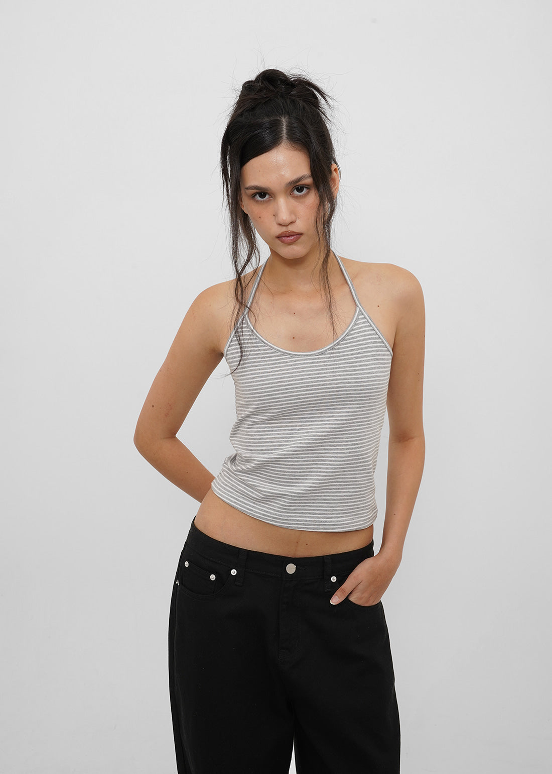 STRETCH COTTON STRAP HALTER TANK 17