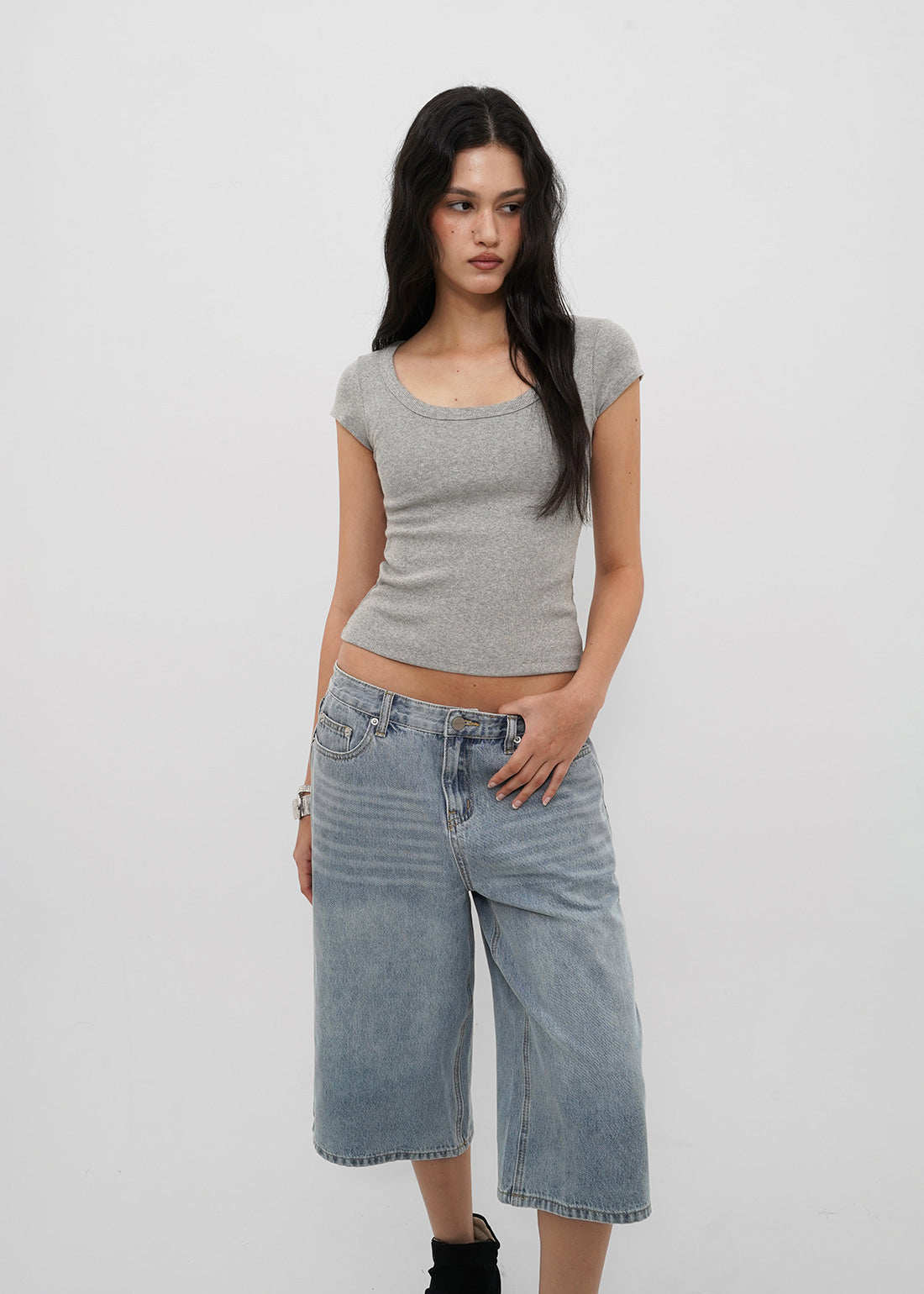 BASIC RIBBED WIDE U-NECK CAP SLEEVE SHORT SLEEVE TEE 4
