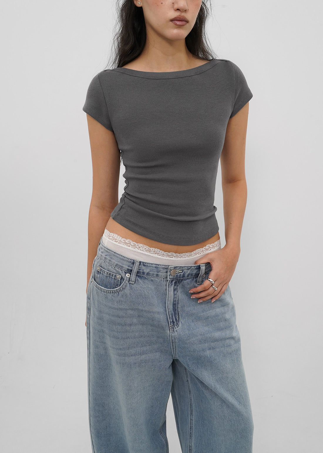 BASIC RIBBED BOAT NECK SHORT SLEEVE TEE 11
