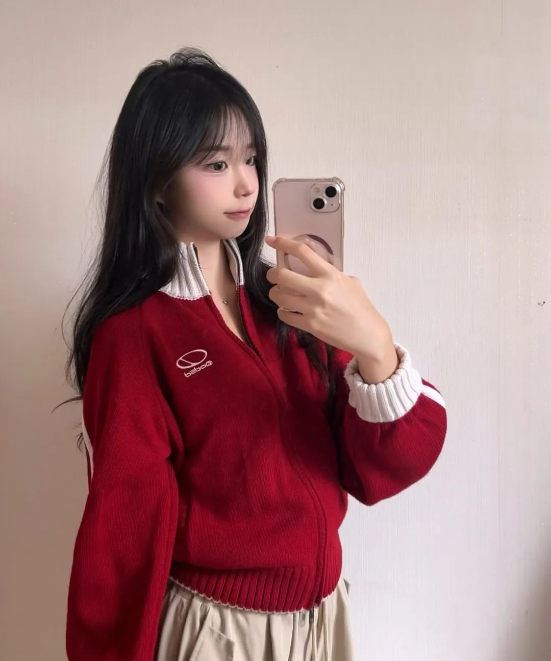 SPORTY TRACK SEMI-CROP KNIT ZIP-UP - RED