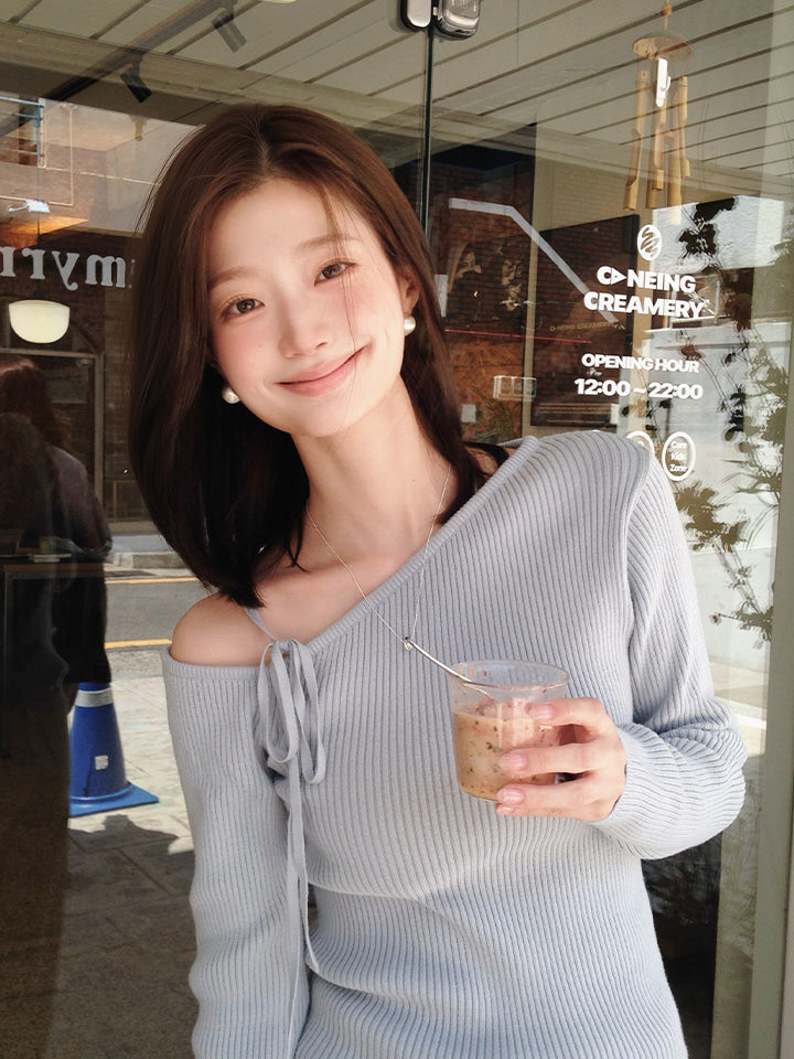 BIRTHDAY UNBALANCE RIBBON OFF-SHOULDER KNIT - 5 COLORS