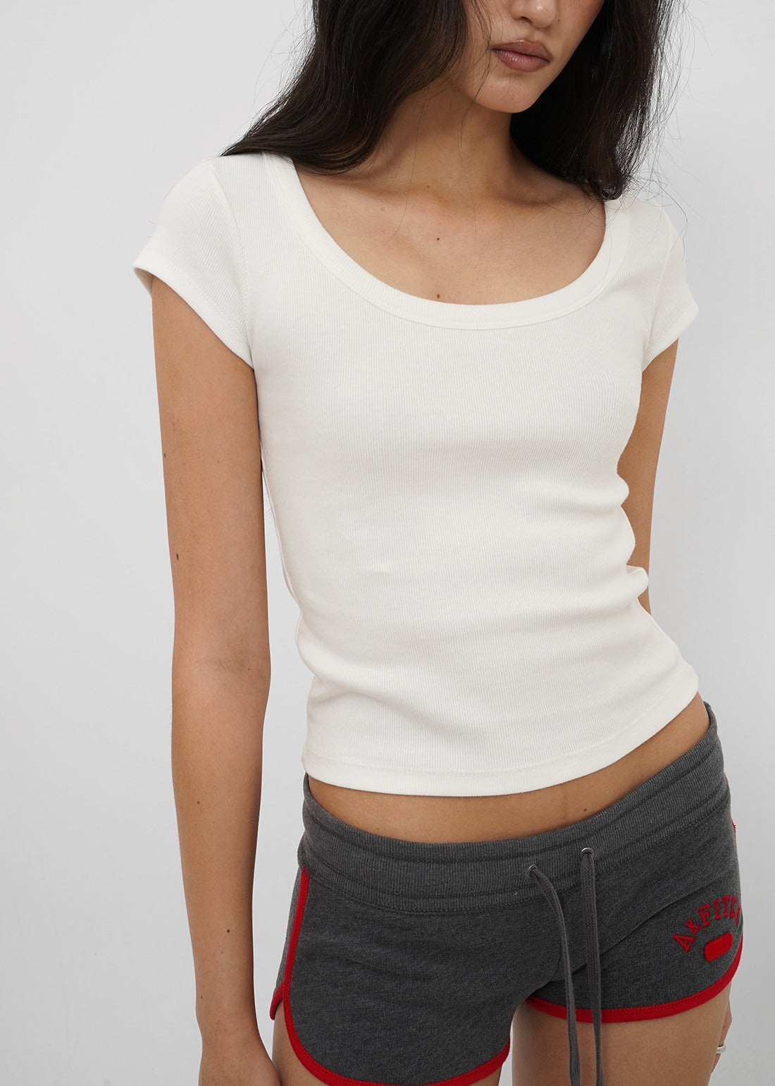 BASIC RIBBED WIDE U-NECK CAP SLEEVE SHORT SLEEVE TEE 7