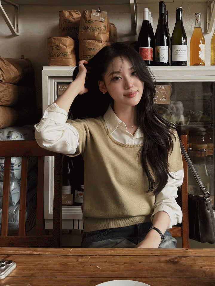 SAY SHIRT LAYERED SHORT-SLEEVE KNIT - 3 COLORS
