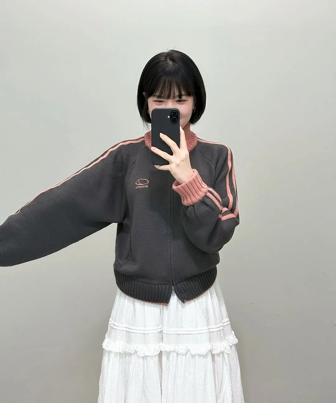 SPORTY TRACK SEMI-CROP KNIT ZIP-UP - CHARCOAL