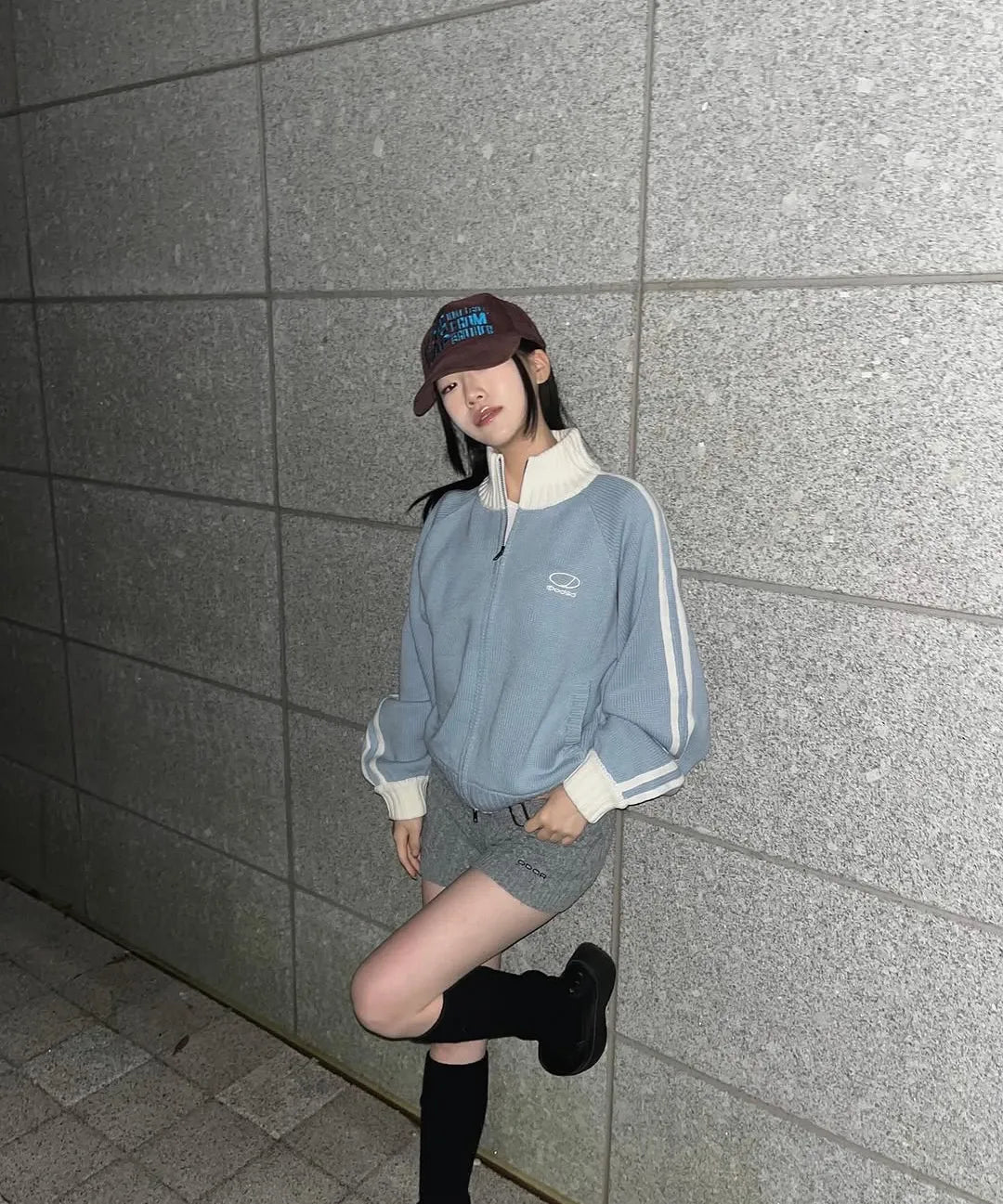 SPORTY TRACK SEMI-CROP KNIT ZIP-UP - SKY BLUE