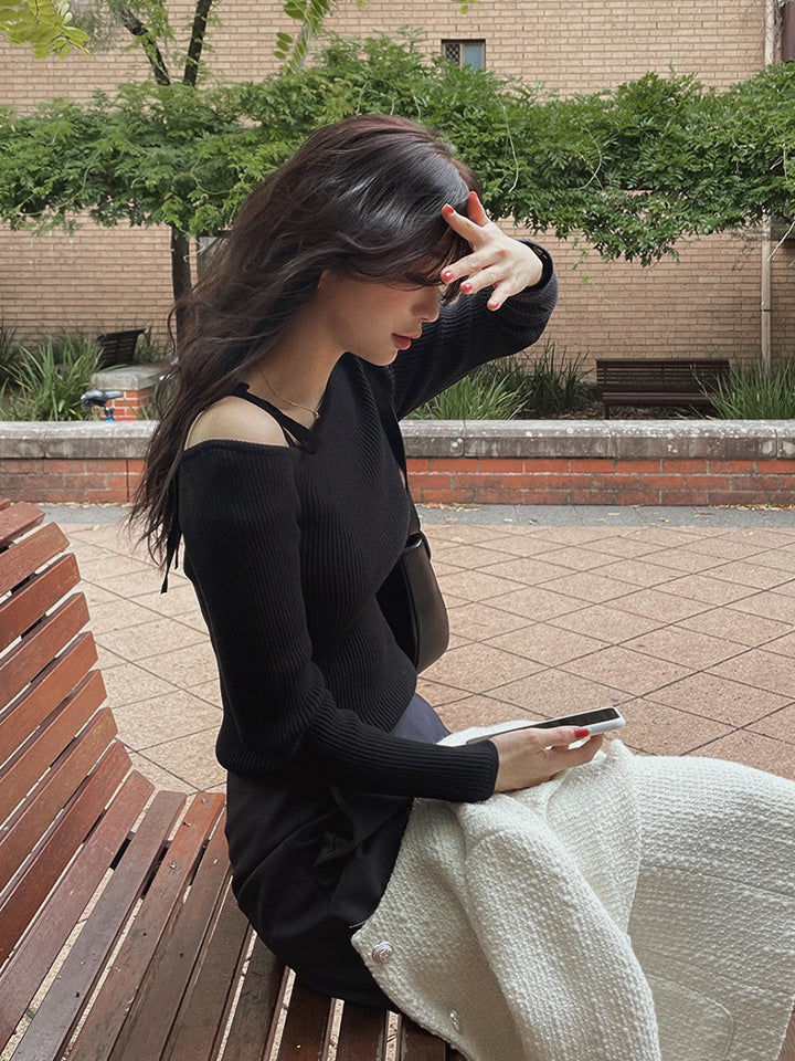 BIRTHDAY UNBALANCE RIBBON OFF-SHOULDER KNIT - 5 COLORS