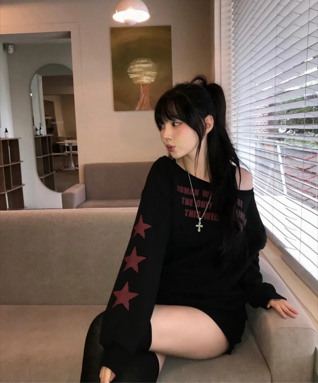 THREE STAR LETTERING OFF SHOULDER SWEATSHIRT - 2 colors