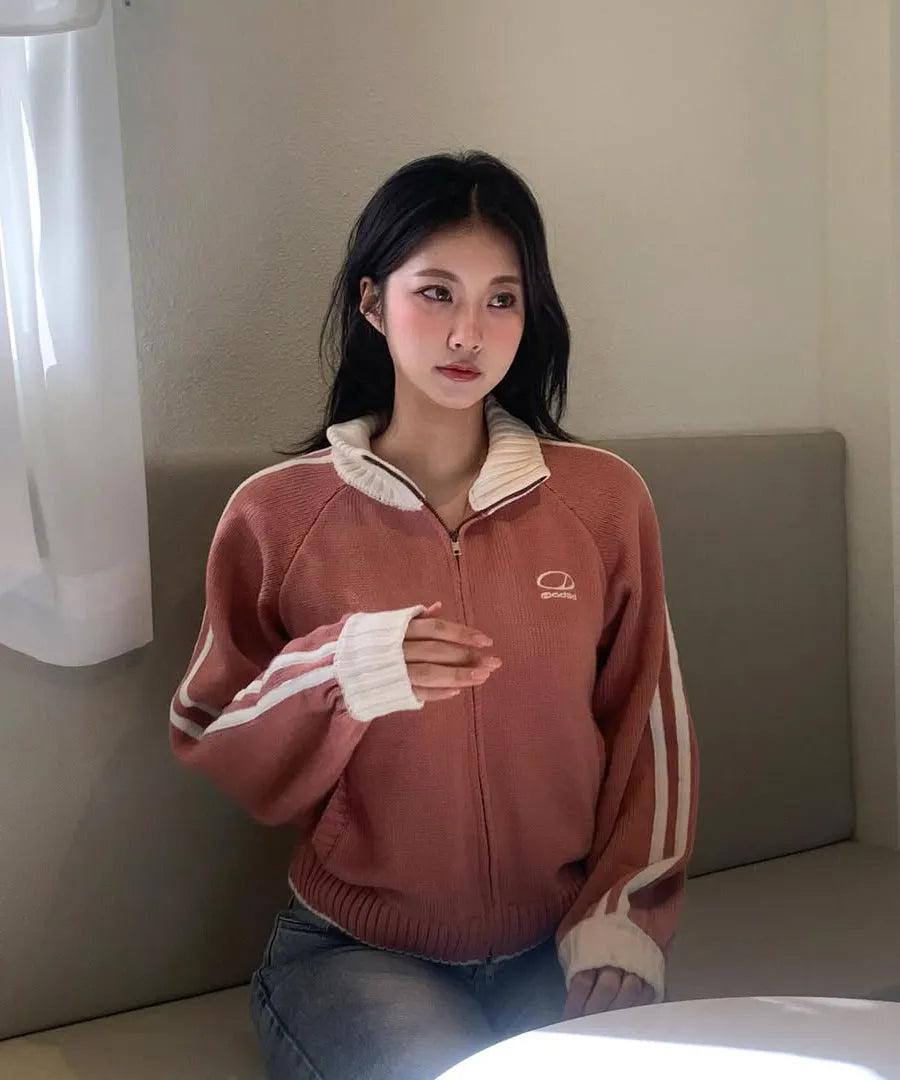 SPORTY TRACK SEMI-CROP KNIT ZIP-UP - PINK