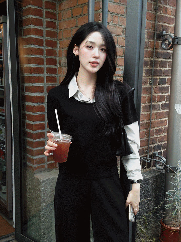 SAY SHIRT LAYERED SHORT-SLEEVE KNIT - 3 COLORS