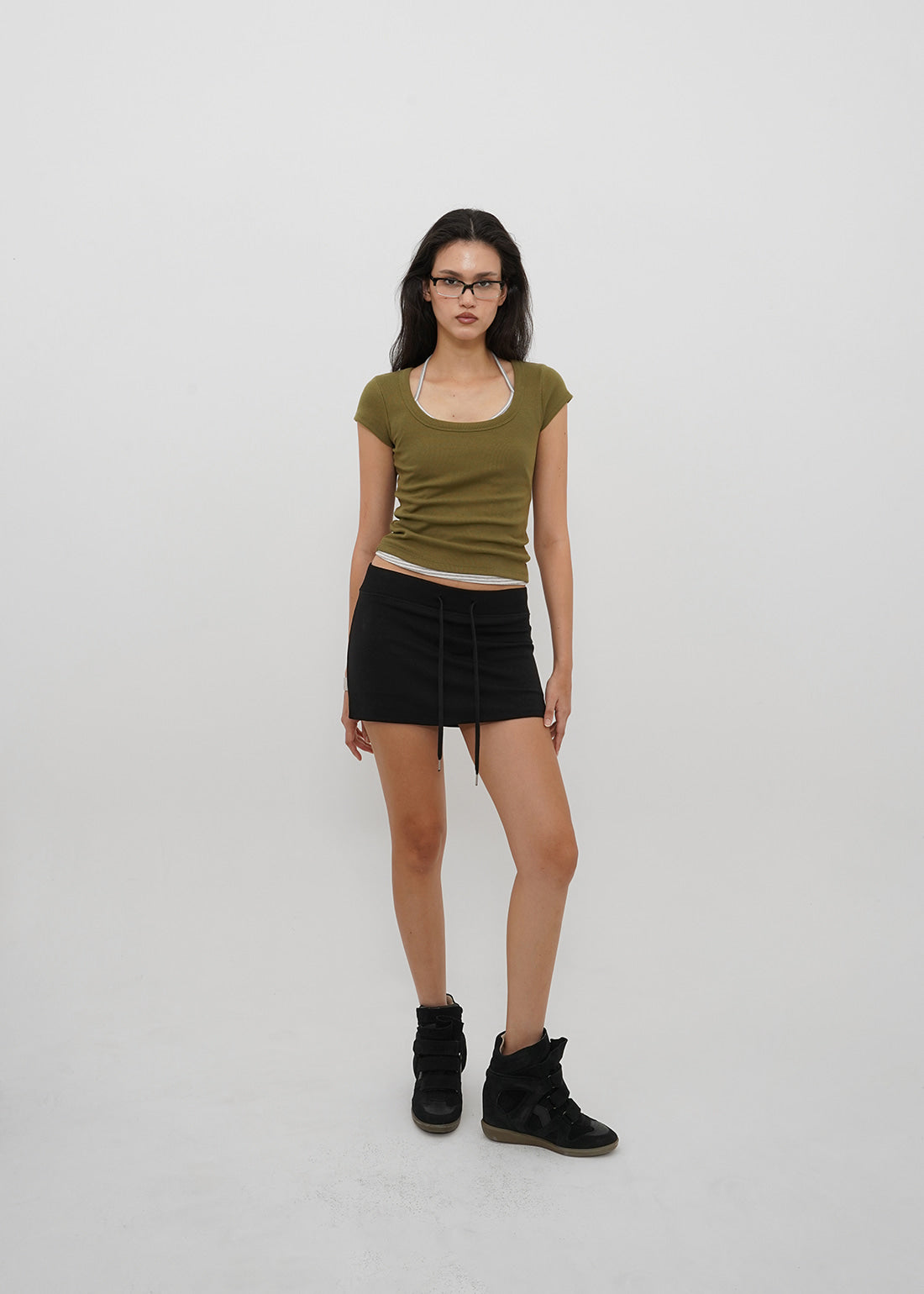 BASIC RIBBED WIDE U-NECK CAP SLEEVE SHORT SLEEVE TEE 16