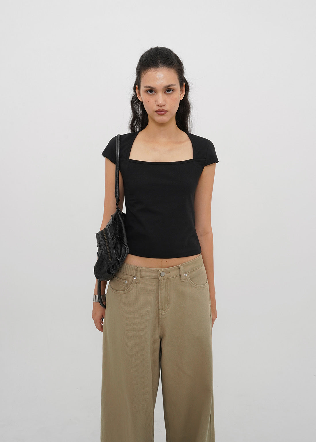 STRETCH COTTON SQUARE NECK CAP SLEEVE SHORT SLEEVE TEE 1