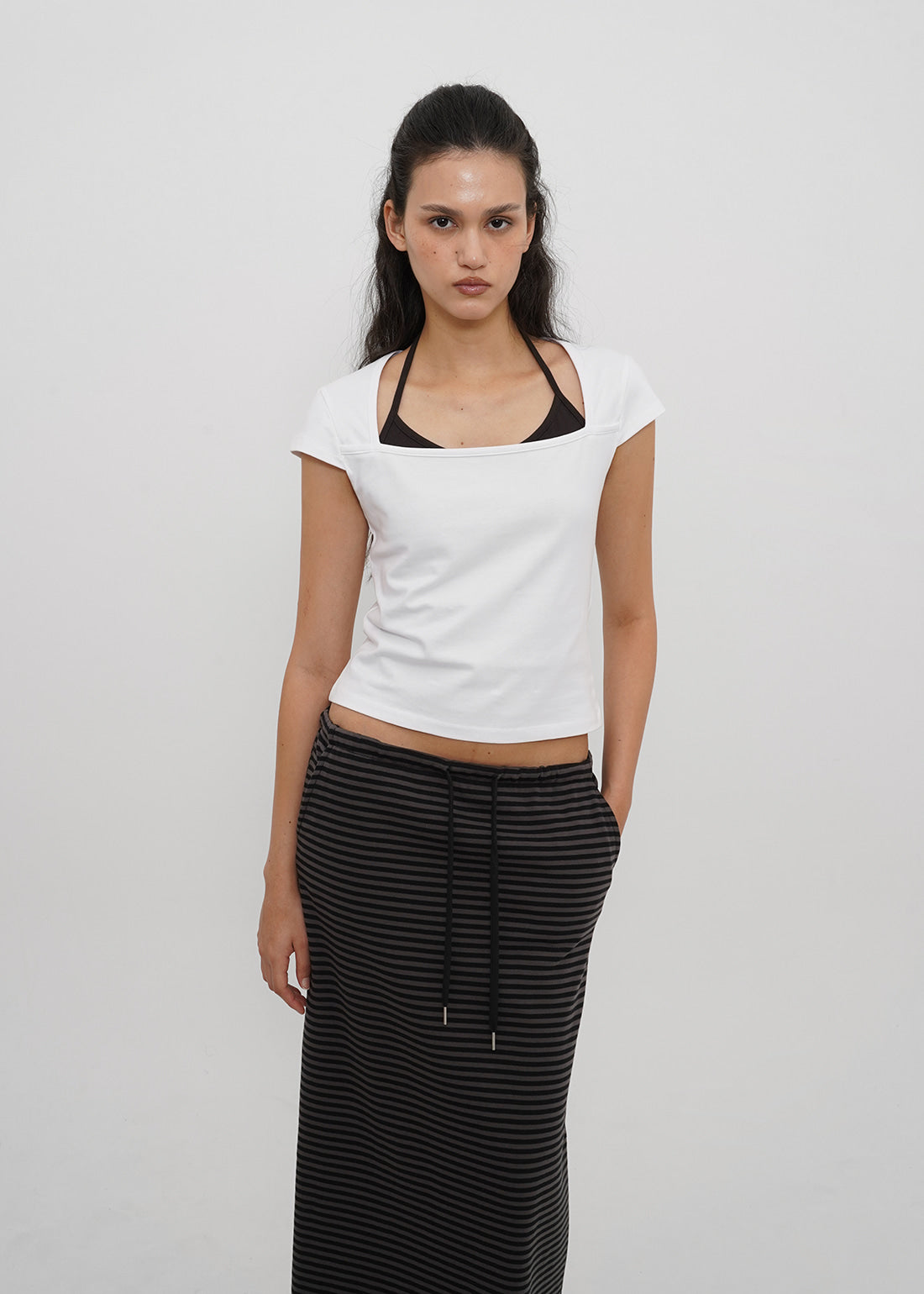 STRETCH COTTON SQUARE NECK CAP SLEEVE SHORT SLEEVE TEE 5