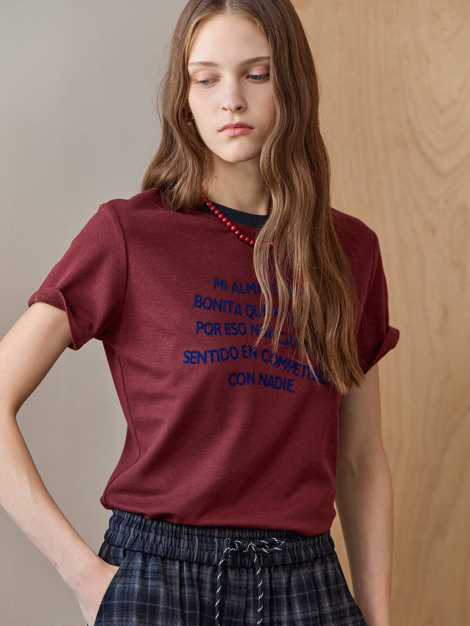 COLOR BLOCK ROUND NECK METAL TIP LETTERING SHORT-SLEEVE T-SHIRT