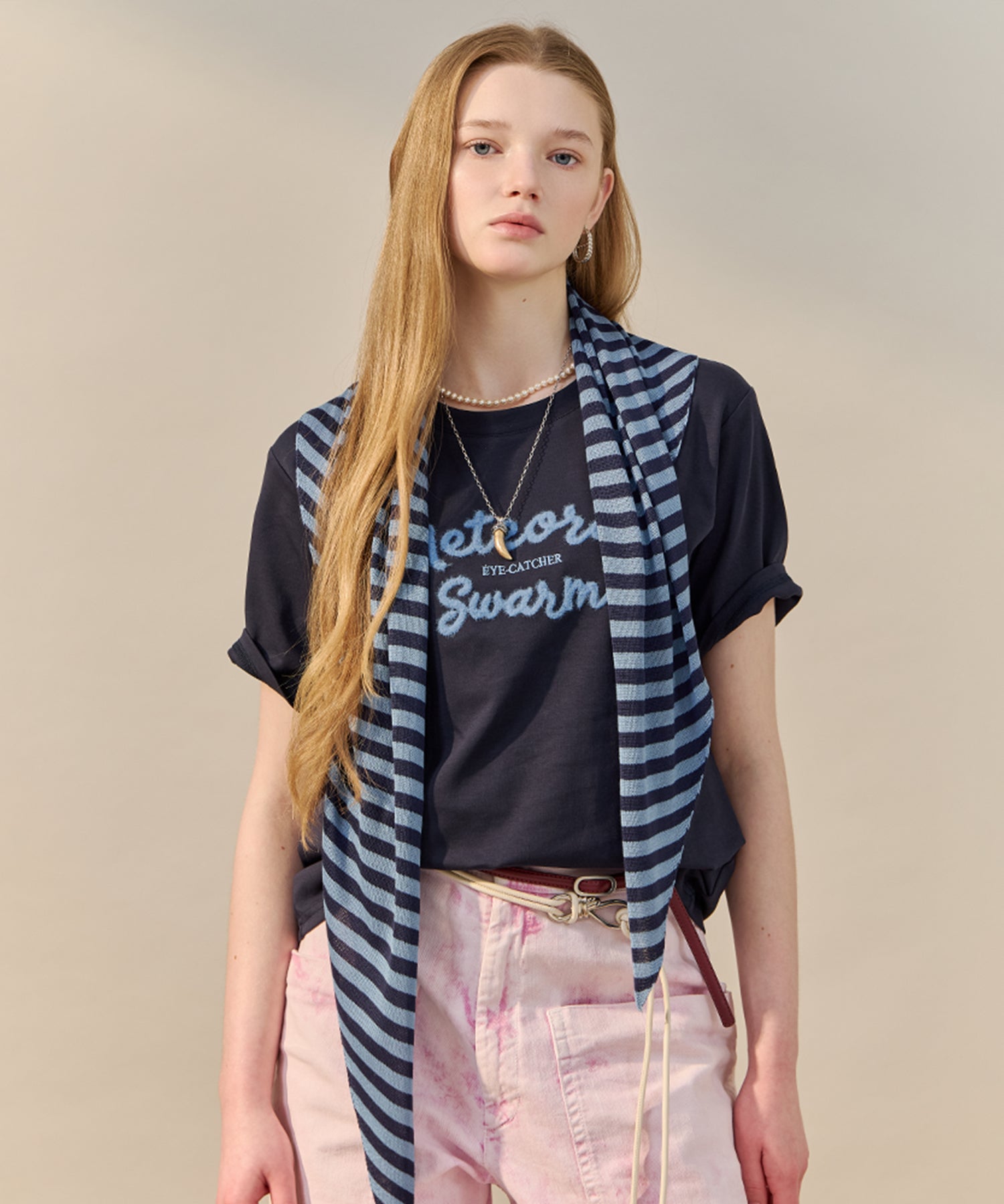 MAXZA STRIPE SCARF SET LETTERING T-SHIRT - GRAY
