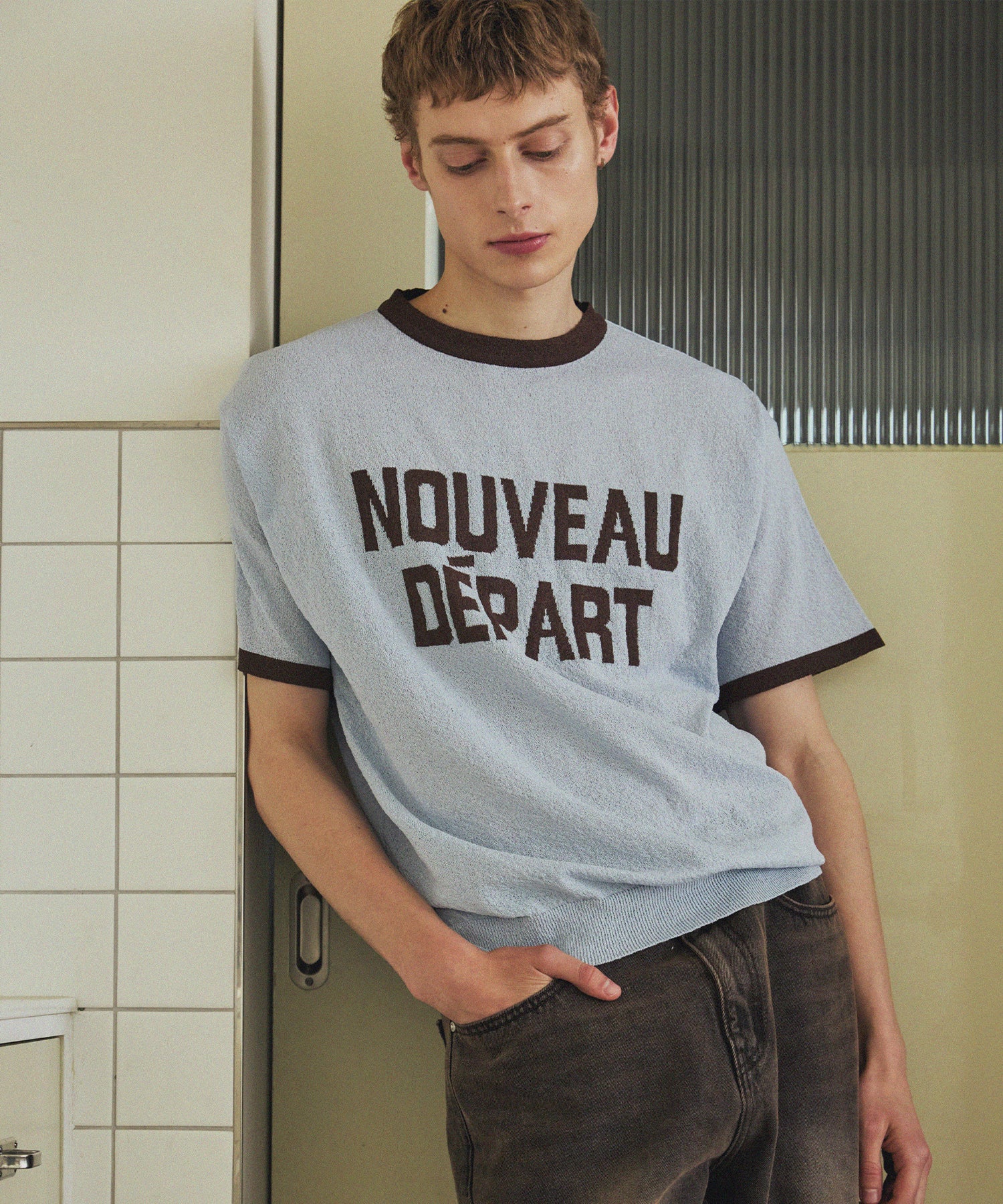 LETTERING SHORT SLEEVE COLOR BLOCK RINGER TEE - BLUE