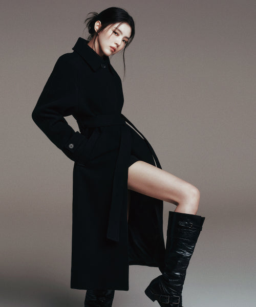WOMENS CASHMERE BLEND BALMACAAN ROBE COAT #韓韶禧同款! - 8 COLORS BLACK