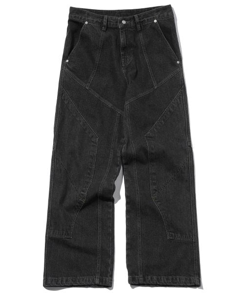 MIXED PANEL WIDE DENIM PANTS - 3 COLORS BLACK