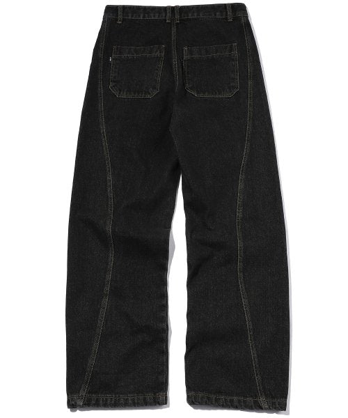CURVED WIDE DENIM PANTS - 2 COLORS BLACK