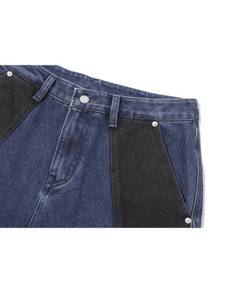 MIXED PANEL WIDE DENIM PANTS - 3 COLORS BLUE