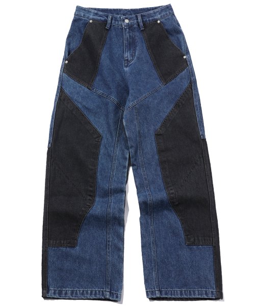 MIXED PANEL WIDE DENIM PANTS - 3 COLORS BLUE
