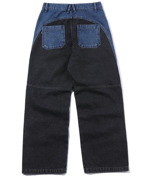 MIXED PANEL WIDE DENIM PANTS - 3 COLORS BLUE