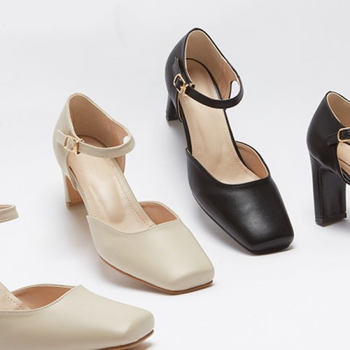 6/ STRAP SQUARE TOE MARY JANE PUMPS HEEL - 2 COLORS BLACK