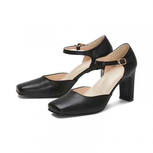 6/ STRAP SQUARE TOE MARY JANE PUMPS HEEL - 2 COLORS BLACK
