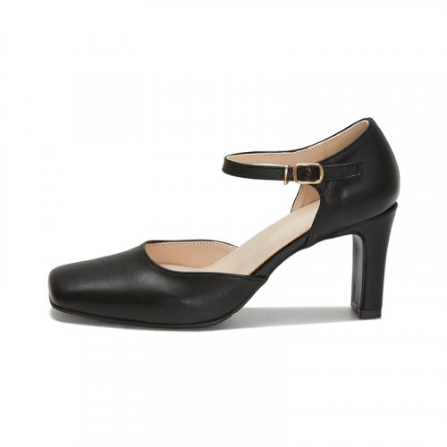 6/ STRAP SQUARE TOE MARY JANE PUMPS HEEL - 2 COLORS BLACK