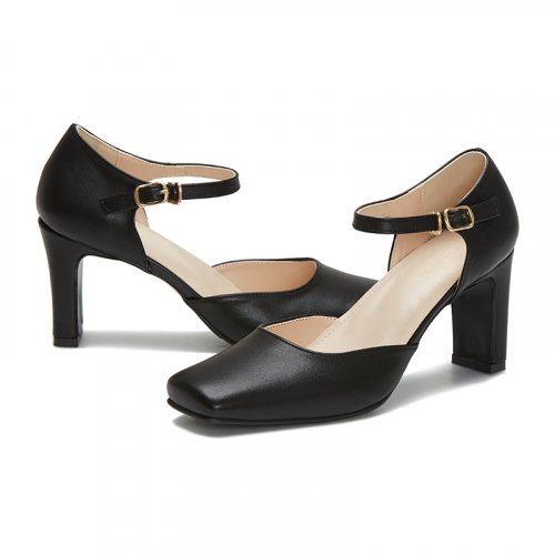 6/ STRAP SQUARE TOE MARY JANE PUMPS HEEL - 2 COLORS BLACK