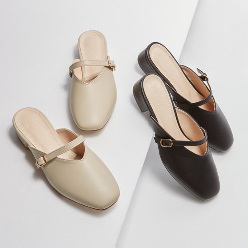 STRAP BUCKLE ROUND TOE FLAT MULE - 2 COLORS BLACK