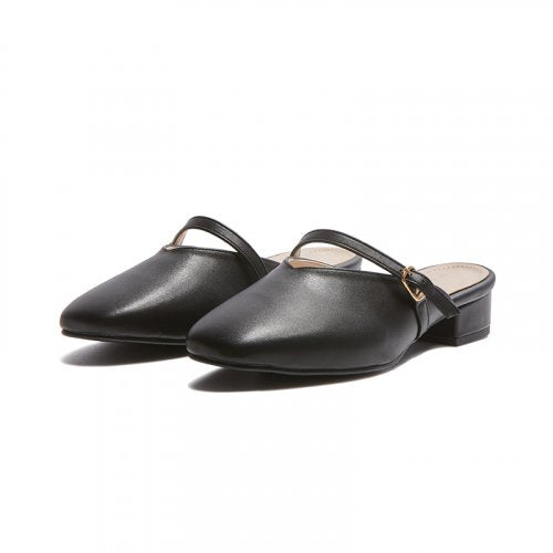 STRAP BUCKLE ROUND TOE FLAT MULE - 2 COLORS BLACK