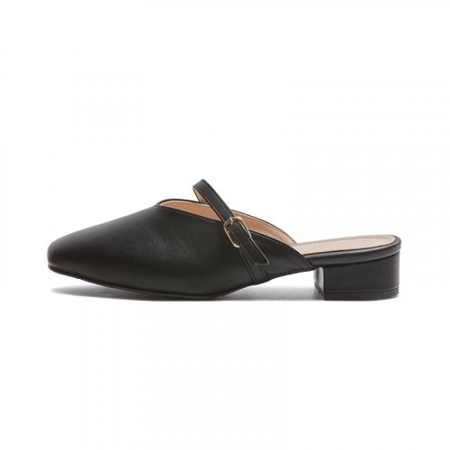 STRAP BUCKLE ROUND TOE FLAT MULE - 2 COLORS BLACK