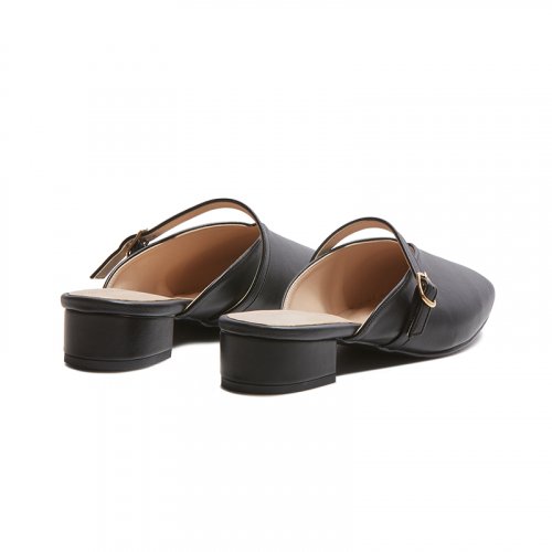 STRAP BUCKLE ROUND TOE FLAT MULE - 2 COLORS BLACK