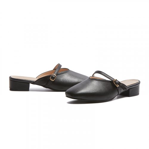STRAP BUCKLE ROUND TOE FLAT MULE - 2 COLORS BLACK