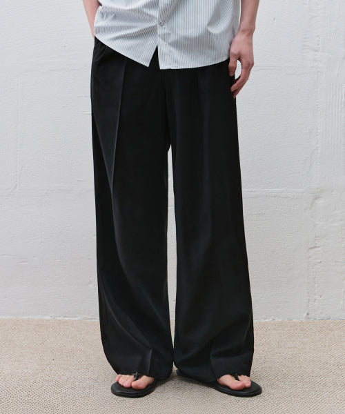 TWO TUCK BANDED WIDE LINEN SLACKS - 3 COLORS BLACK